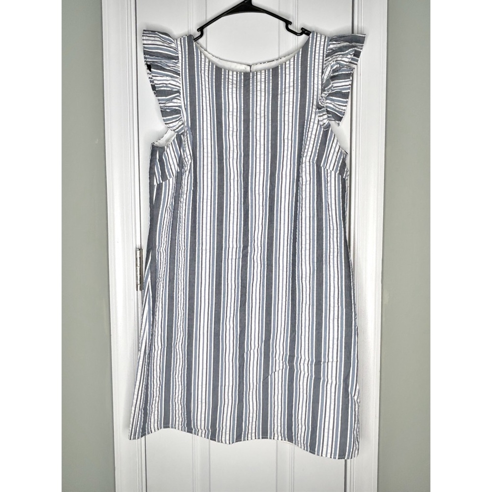 Alice & Trixie Blue White Striped Seersucker Ruffle Sleeve Midi Dress Cotton Med